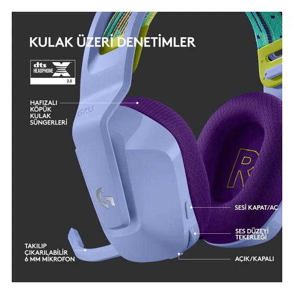 Logitech G733 Lightspeed Lila RGB 7.1 Kablosuz Kulak Üstü Oyuncu Kulaklığı - Görsel 5