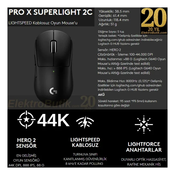 Logitech G Pro X Superlight 2c 910-007532 Siyah Lightspeed Hero Şarjlı Optik Kablosuz Oyuncu Mouse - Görsel 8