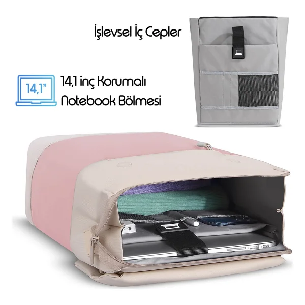 Mack Zen Eco Mce-1308 Bej Pembe 14.1" Laptop Sırt Çantası - Görsel 3