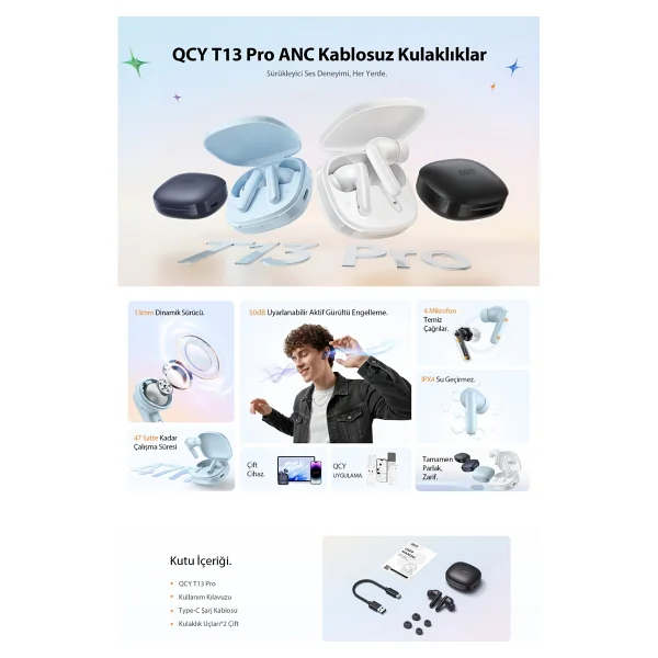 Qcy T13 Pro ANC TWS Kulak İçi Beyaz Bluetooth Kulaklık - Görsel 2