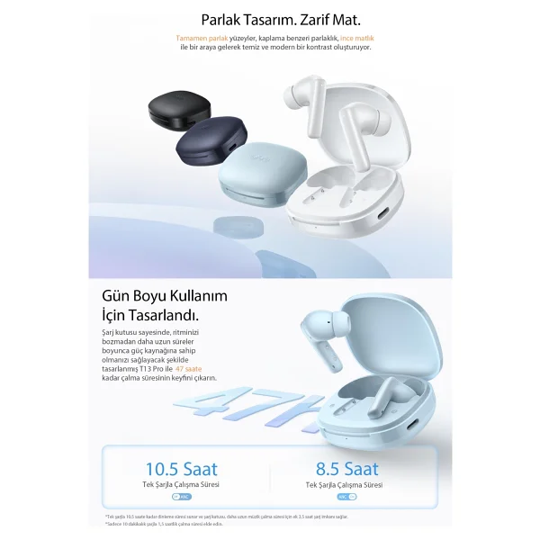 Qcy T13 Pro ANC TWS Kulak İçi Beyaz Bluetooth Kulaklık - Görsel 4