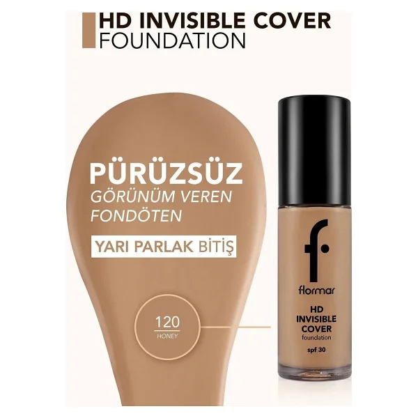 Flormar Invisible Cover HD Yarı Parlak Bitişli Spf 30 120 Honey 30 Ml Likit Fondöten - Görsel 4