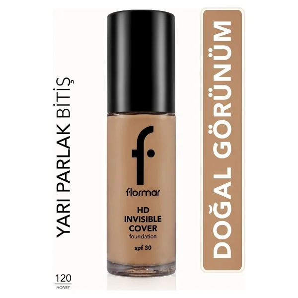 Flormar Invisible Cover HD Yarı Parlak Bitişli Spf 30 120 Honey 30 Ml Likit Fondöten - Görsel 5