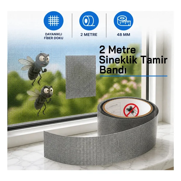 Yapışkanlı Sineklik Tülü Tamir Bandı Yırtık Kopmuş Delik Fiber Tül Yapıştırma Siyah 48 Mm X 2 Metre - Görsel 9