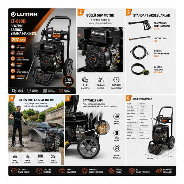 Lutian LT-810B 207 Bar Benzinli Basınçlı Yıkama Makinesi - Görsel 2