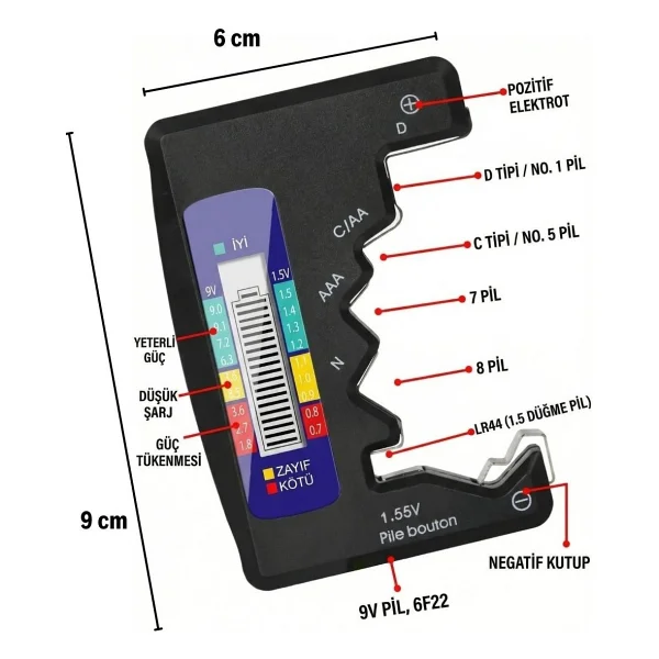 Mey İthalat Mey Ithalat Evrensel Dijital Pil Test Cihazı - Aa, Aaa, C, D, N, 9v Ve Düğme Pil Uyumlu Mini Pil Kapasite & Seviye Ölçer - Görsel 5