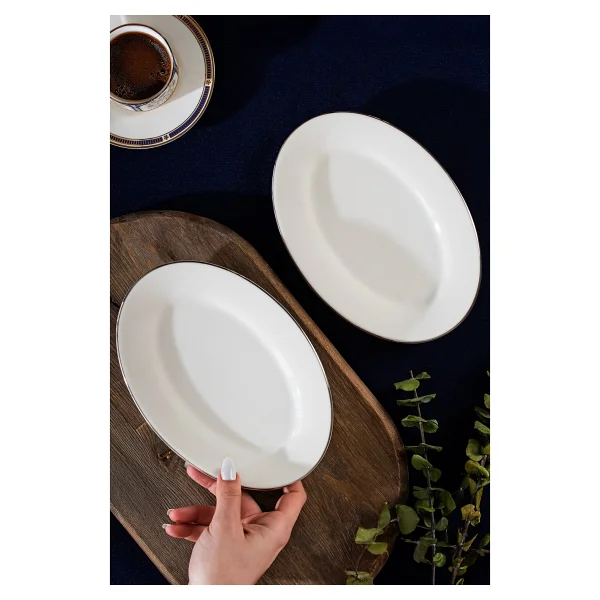 Porsima 4443 Gardenya Porselen Platin Fileli Kayık Tabak Seti - Oval Kahvaltılık Sunumluk Seti 20cm - 20 Cm - Görsel 2