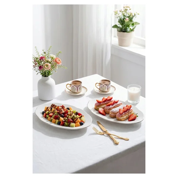 Porsima 4451 Yonca Porselen Platin Fileli Kayık Tabak Seti - Oval Kahvaltılık Sunumluk Seti 30cm - 30 Cm - Görsel 4