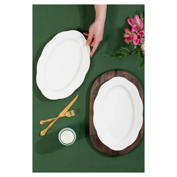 Porsima 4451 Yonca Porselen Platin Fileli Kayık Tabak Seti - Oval Kahvaltılık Sunumluk Seti 30cm - 30 Cm - Görsel 2