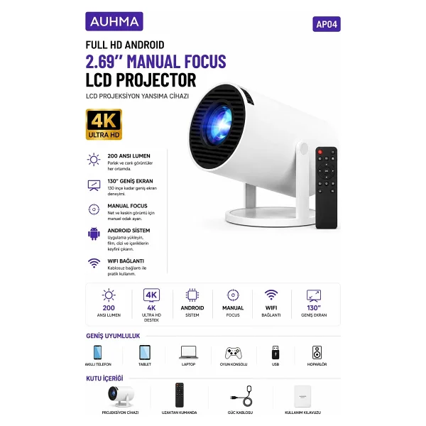 Auhma Apr4 4K UHD 2gb RAM 16gb Hafıza Akıllı Android Projeksiyon Cihazı - Görsel 2