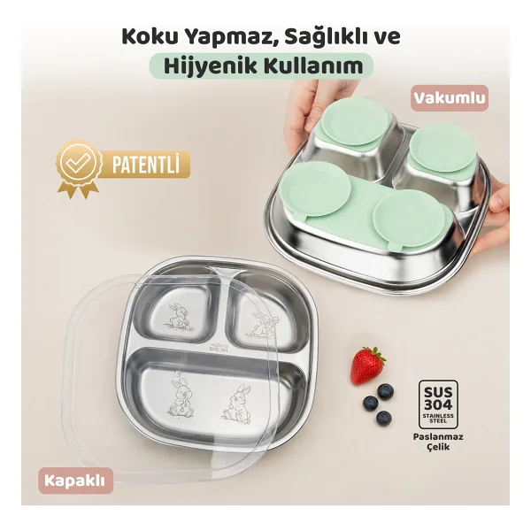 Guqqo Silikon Vakumlu Paslanmaz Çelik Mama Tabağı, 3 Derin Bölmeli Bebek Tabak, 304 Çelik, Yeşil - Görsel 9