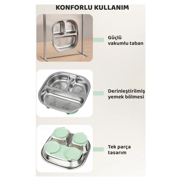 Guqqo Silikon Vakumlu Paslanmaz Çelik Mama Tabağı, 3 Derin Bölmeli Bebek Tabak, 304 Çelik, Yeşil - Görsel 3