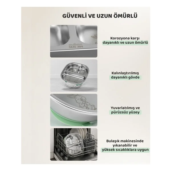 Guqqo Silikon Vakumlu Paslanmaz Çelik Mama Tabağı, 3 Derin Bölmeli Bebek Tabak, 304 Çelik, Yeşil - Görsel 4