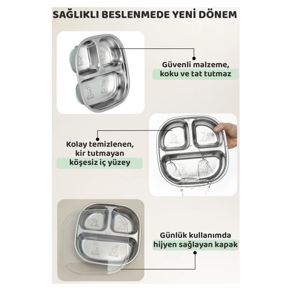 Guqqo Silikon Vakumlu Paslanmaz Çelik Mama Tabağı, 3 Derin Bölmeli Bebek Tabak, 304 Çelik, Yeşil - Görsel 5