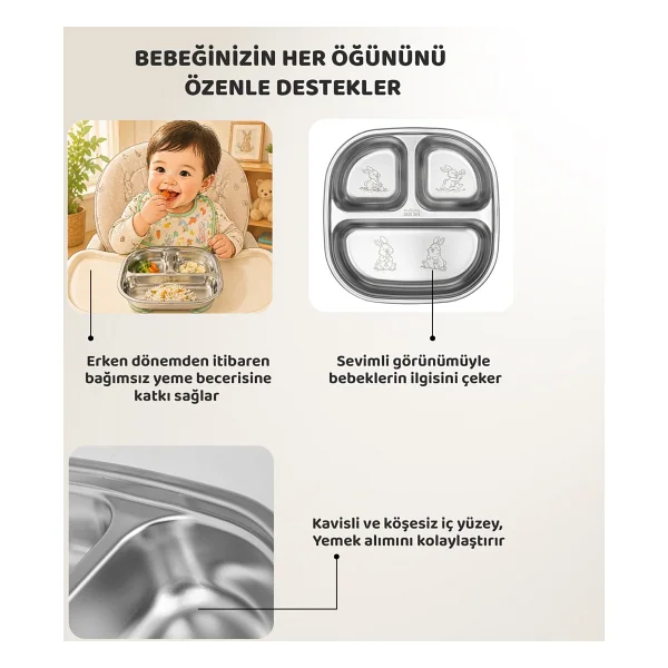 Guqqo Silikon Vakumlu Paslanmaz Çelik Mama Tabağı, 3 Derin Bölmeli Bebek Tabak, 304 Çelik, Yeşil - Görsel 6