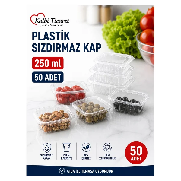 Kalbi Ticaret Plastik Saklama Kabı 250 Gr 50 Adet Plastik Kapaklı Kase Sızdırmaz Kap Şeffaf Kullan At Kase - Görsel 2