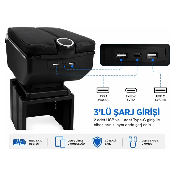 Mega Oto Market USB Aktarmalı Universal Kolçak Kol Dayama Çift Açılır Siyah Renk - Görsel 5