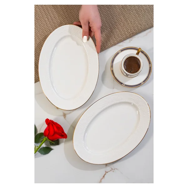 Porsima 4457 Burçak Porselen Altın Fileli Kayık Tabak Seti - Oval Kahvaltılık Sunumluk Seti 25cm - Görsel 2