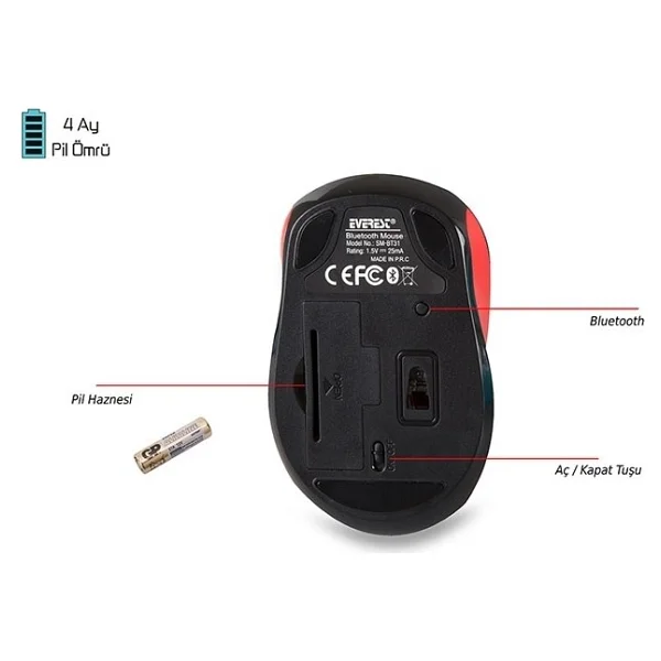 Everest Sm-Bt31 Kırmızı Optik Kablosuz Mouse - Görsel 3