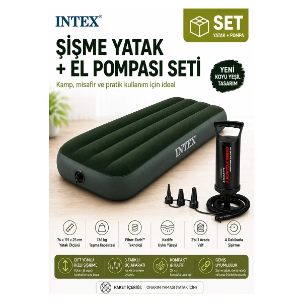 Intex 64106 Yeni Koyu Yeşil Tek Kişilik Şişme Yatak + Double Quick El Pompası Seti - Görsel 2