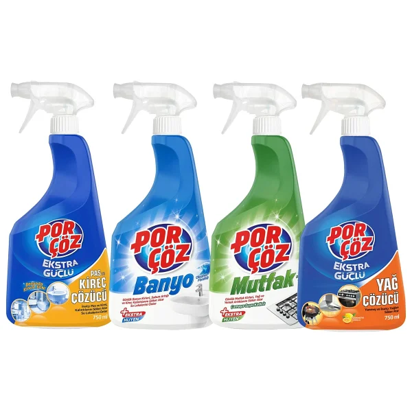 Porçöz Mega Set 4'lü 750 Ml Ekstra Güçlü Banyo Mutfak Pas Kireç Yağ Çözücü Temizlik Ürünleri - Görsel 3