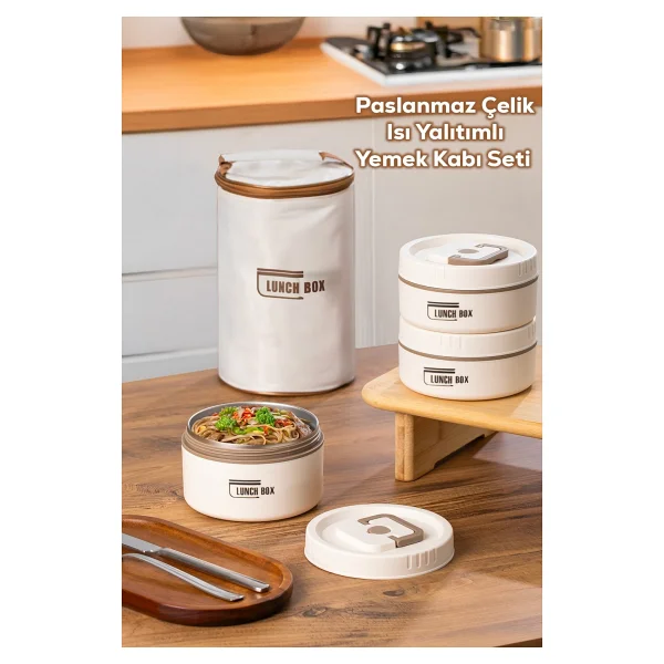 Porsima 3112 Isı Yalıtımlı Çanta 3 Parça Vakumlu Yemek Termosu Beslenme Kutusu Lunch Box Sefer Tası - Krem - Görsel 6