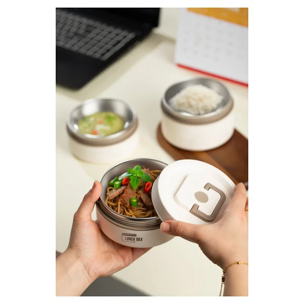 Porsima 3112 Isı Yalıtımlı Çanta 3 Parça Vakumlu Yemek Termosu Beslenme Kutusu Lunch Box Sefer Tası - Krem - Görsel 3