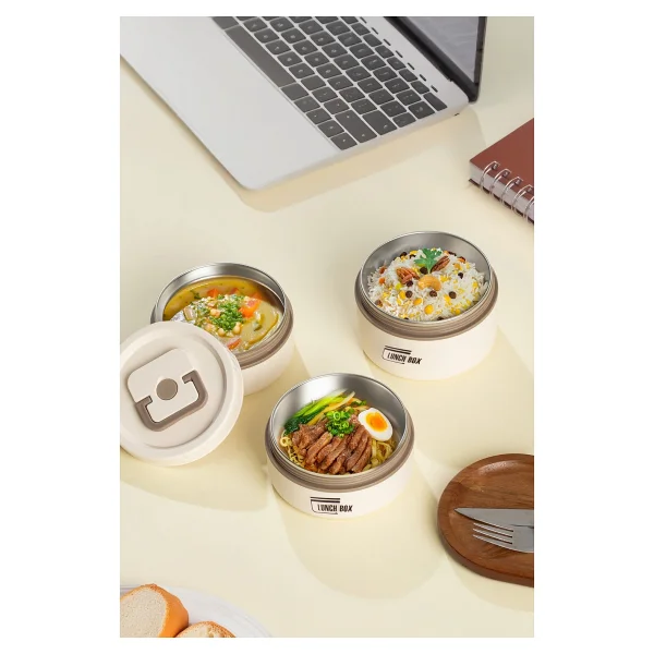 Porsima 3112 Isı Yalıtımlı Çanta 3 Parça Vakumlu Yemek Termosu Beslenme Kutusu Lunch Box Sefer Tası - Krem - Görsel 4