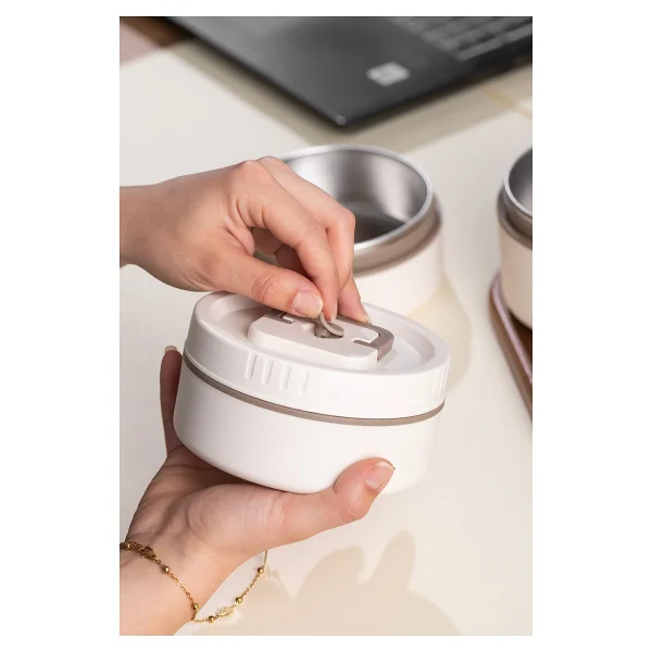Porsima 3112 Isı Yalıtımlı Çanta 3 Parça Vakumlu Yemek Termosu Beslenme Kutusu Lunch Box Sefer Tası - Krem - Görsel 5
