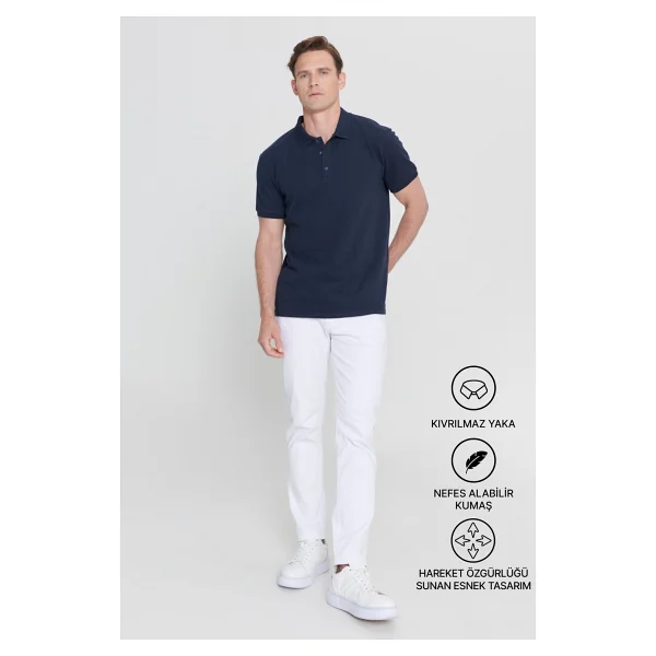 Altınyıldız Classıcs Erkek Lacivert %100 Pamuk Kıvrılmaz Pike Polo Yaka Slim Fit Dar Kesim Tişört - Görsel 5