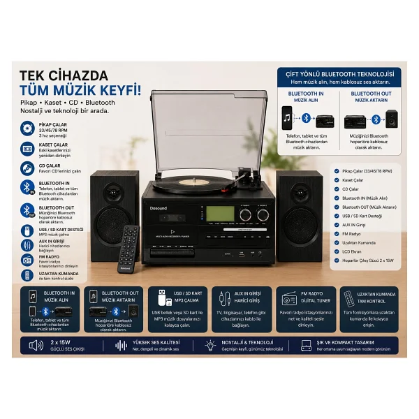 Dosound Tr-18 Ahşap Hoparlörlü Pikap Çalar Kaset CD Bluetooth USB Sd Müzik Sistemi - Görsel 2