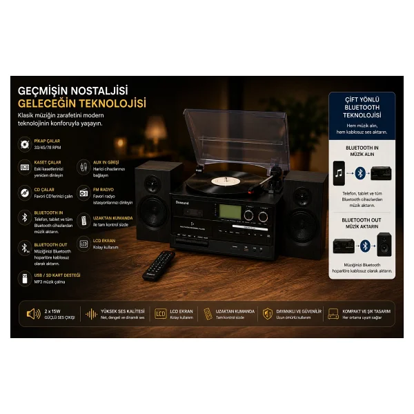 Dosound Tr-18 Ahşap Hoparlörlü Pikap Çalar Kaset CD Bluetooth USB Sd Müzik Sistemi - Görsel 9