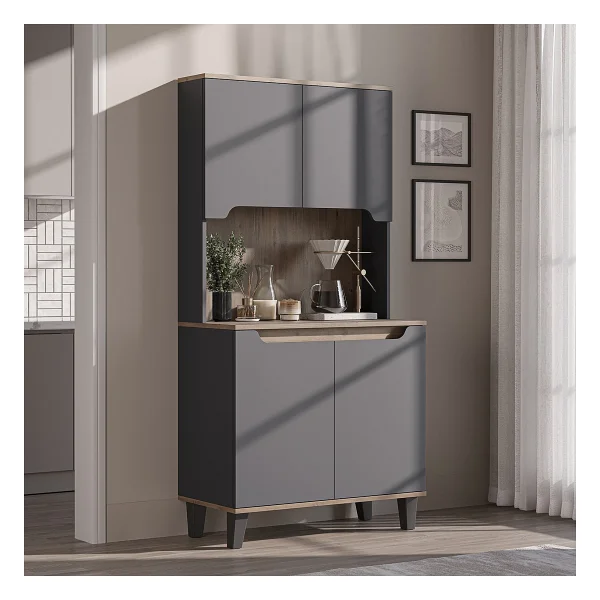 Roomart Defne Kahve Köşesi, Çok Amaçlı Dolap, 4 Kapaklı Kiler Dolabı, Mutfak Dolabı 90 Cm - Atlantik Çam - Antrasit - Görsel 8