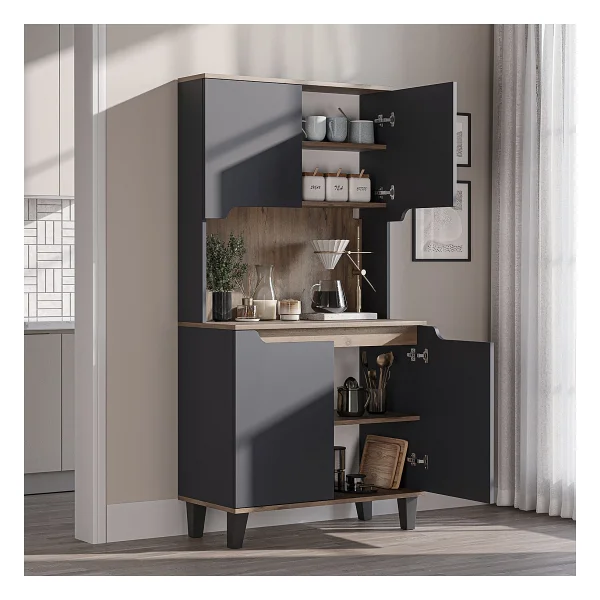 Roomart Defne Kahve Köşesi, Çok Amaçlı Dolap, 4 Kapaklı Kiler Dolabı, Mutfak Dolabı 90 Cm - Atlantik Çam - Antrasit - Görsel 2