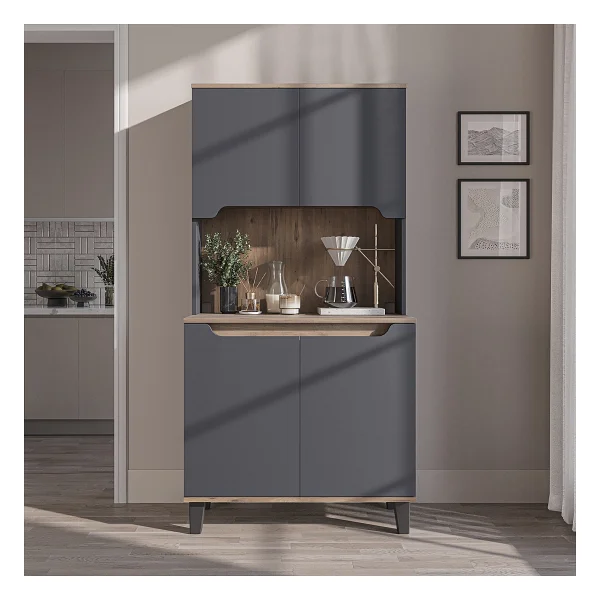 Roomart Defne Kahve Köşesi, Çok Amaçlı Dolap, 4 Kapaklı Kiler Dolabı, Mutfak Dolabı 90 Cm - Atlantik Çam - Antrasit - Görsel 4