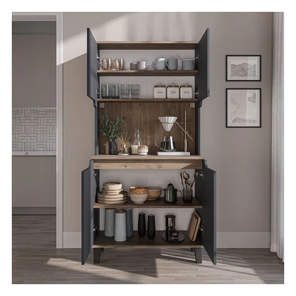 Roomart Defne Kahve Köşesi, Çok Amaçlı Dolap, 4 Kapaklı Kiler Dolabı, Mutfak Dolabı 90 Cm - Atlantik Çam - Antrasit - Görsel 5