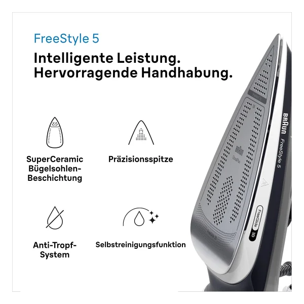 Braun Freestyle 5 Buharlı Ütü Sı 5188 Bk - Freeglide 3D Tabanlı Ütü, Dikey Buhar, 2800 Watt, Şok Buhar 220 G/dak, 330 ml Su Deposu, Siyah - Görsel 2