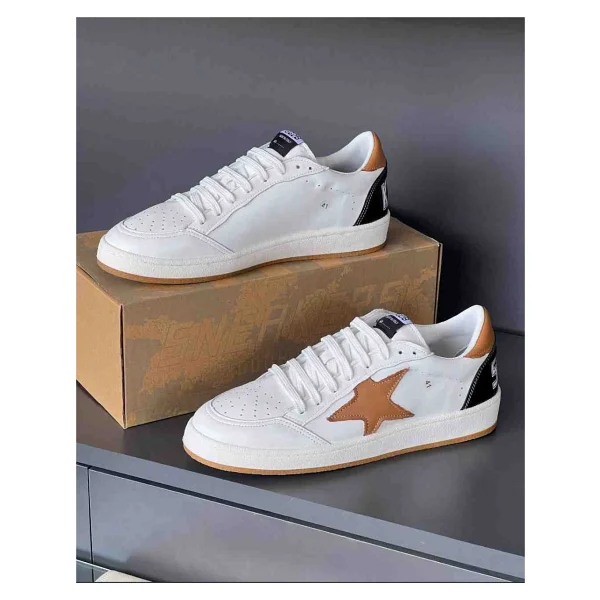 Golden Goose Ball Star Beyaz Deri Erkek Sneaker - Taba Yıldız Detaylı - Beyaz - Taba - Siyah - 44 - Görsel 2