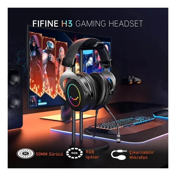 Fifine Ampligame H3 RGB Kablolu Mikrofonlu Kulak Üstü Oyuncu Kulaklığı - Görsel 6