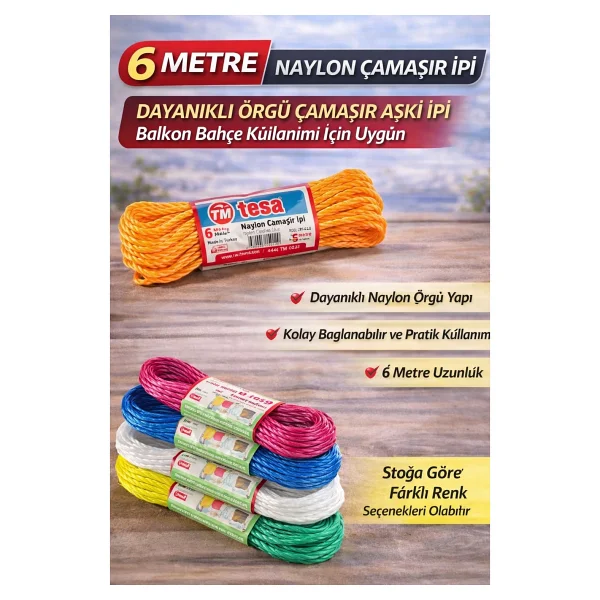 6 Metre Naylon Çamaşır İpi Dayanıklı Örgü Çamaşır Askı İpi Balkon Bahçe Çamaşır İpi 1 Adet - Görsel 2