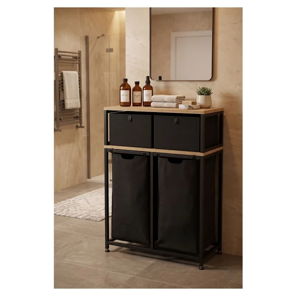Miyuhome Metal Kızaklı Çamaşır Sepeti 2 Adet Saklama Kutulu 2x40 Lt Kirli Sepeti Büyük Boy Raflı Kirli Sepeti - Görsel 7