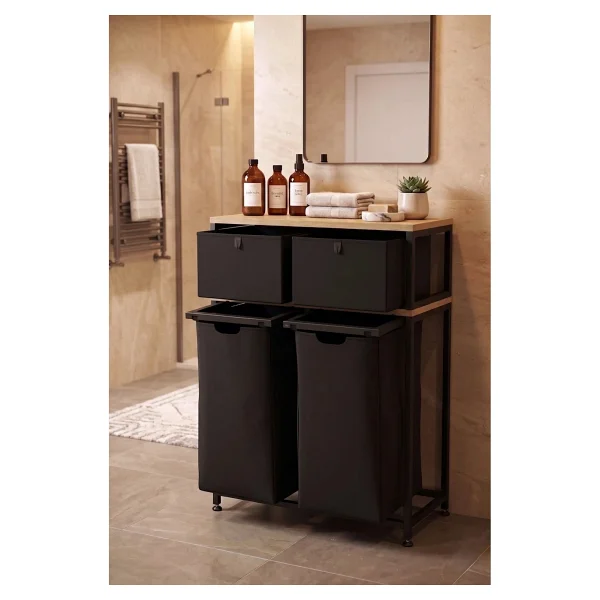Miyuhome Metal Kızaklı Çamaşır Sepeti 2 Adet Saklama Kutulu 2x40 Lt Kirli Sepeti Büyük Boy Raflı Kirli Sepeti - Görsel 2