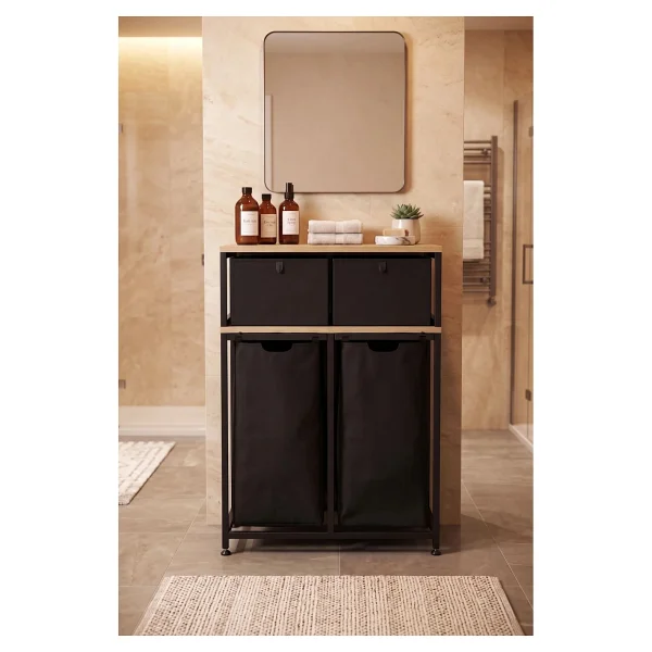 Miyuhome Metal Kızaklı Çamaşır Sepeti 2 Adet Saklama Kutulu 2x40 Lt Kirli Sepeti Büyük Boy Raflı Kirli Sepeti - Görsel 5