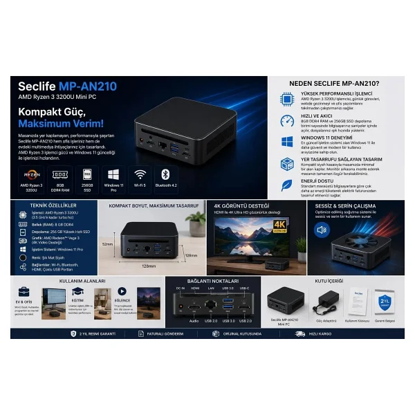 Seclife Mp-An210 Ryzen 3 3200u 8 GB 256 GB SSD Radeon Vega 3 Mini PC - Görsel 4