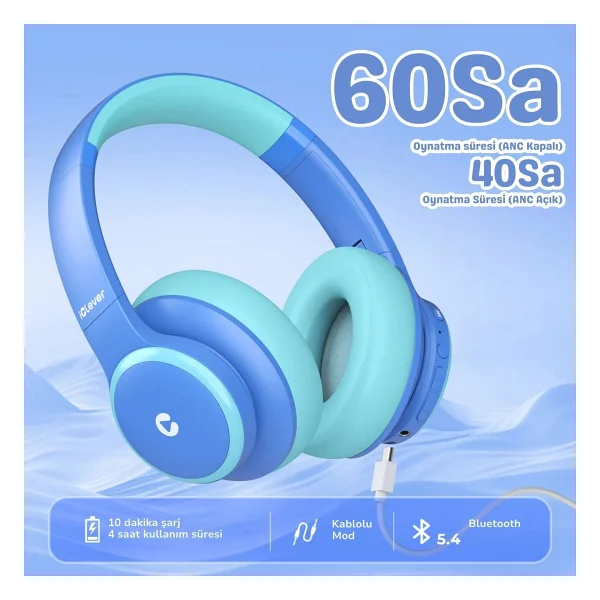 İclever Bth26 ANC Mavi Kulak Üstü Bluetooth Kulaklık - Görsel 4