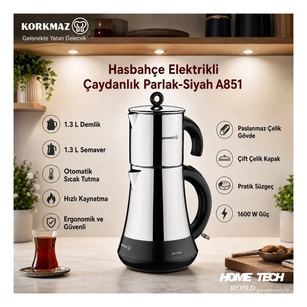 Korkmaz Hasbahçe A851 1600 W Siyah Krom Çelik Çay Makinesi - Görsel 6