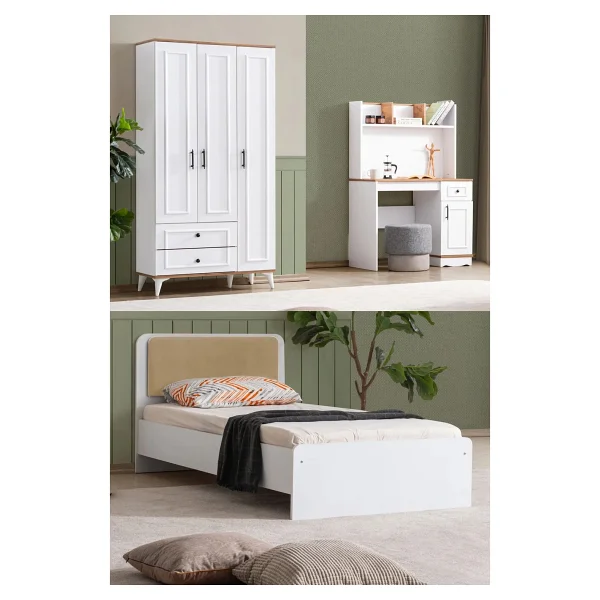 Setay Linda Genç Odası - 3 Kapılı Dolap, Karyola, Çalışma Masası - Beyaz - Görsel 8