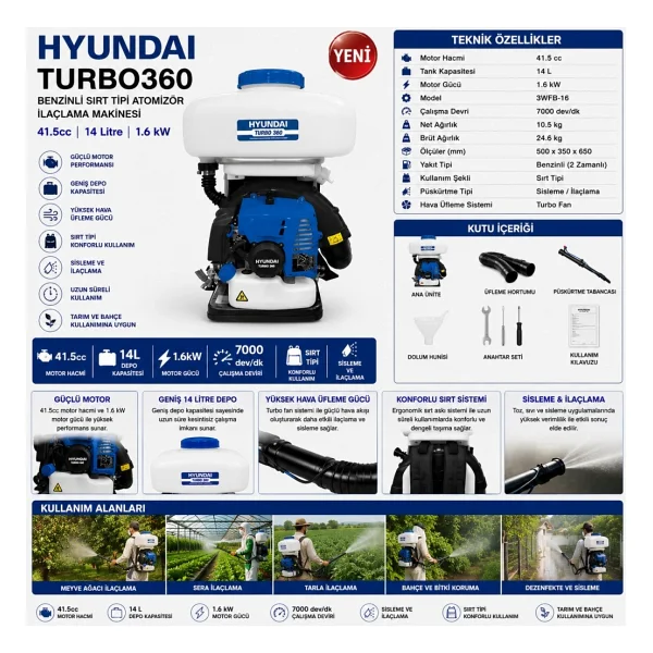 Hyundai Turbo360 Benzinli Sırt Atomizör İlaçlama Makinesi 14 Litre 41.5Cc - Görsel 2