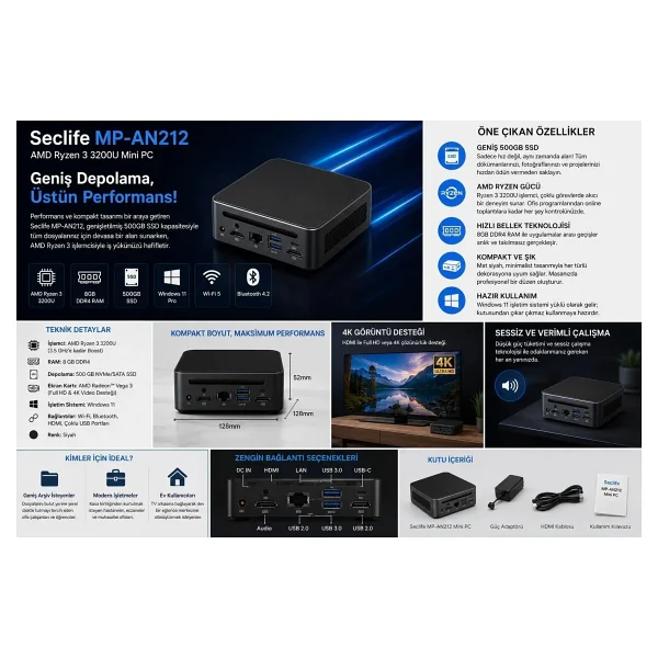 Seclife Mp-An212 Ryzen 3 3200u 8 GB 500 GB SSD Radeon Vega 3 Mini PC - Görsel 3