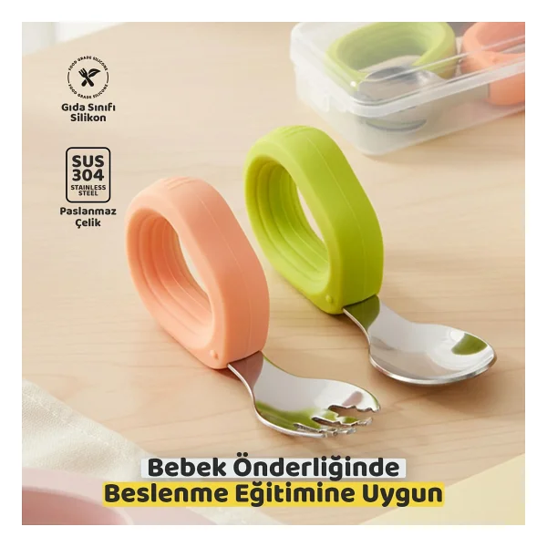 Guqqo Bebek Çatal Kaşık Seti, Paslanmaz Çelik, Silikon Saplı, Pudra Yeşil - Pudra - Yeşil - Görsel 6